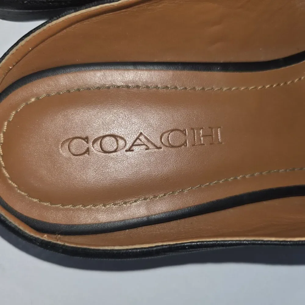 Coach Sz 8.5 Sienna Gold Metal CC Logo Black Leather Preppy Slide Mule Loafers